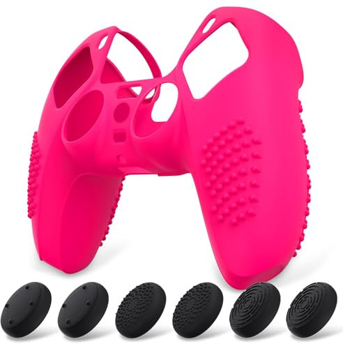 eXtremeRate PlayVital Cover Controller per ps5 Custodia Protettiva in Silicone Skin Antiscivolo con Gommini Coprilevette Analogiche per ps5 Joystick-3D Borchiate(Rosa Vivo)