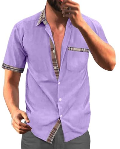 Minetom Chemisette Homme Plage Chemise Manches Courtes Business Slim Fit Carreaux Imprimé DéContracté Tops Blouse avec Poche Poitrine A Violet 3XL