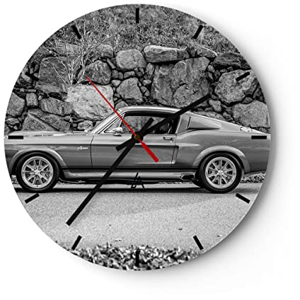Modern Wanduhr Auto Ford Mustang 30x30cm Rund Klein Wand Uhr Glas Analog Zimmeruhren Küche Büro Wohnzimmer Glasuhr Wall Clock Dekoration Design Wanddekoration Küchenuhr C3AR30x30-5011