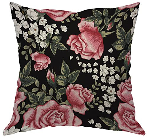 EKOBLA Federa per cuscino con fiori di rosa, acquerello, rosa, bianco, floreale, verde, foglie, stampa retrò, quadrata, per divano, camera da letto, auto, 40 x 40 cm