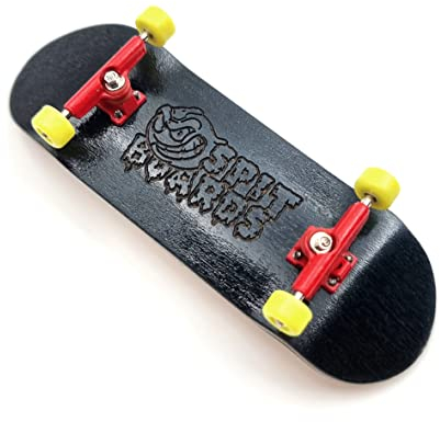 SPITBOARDS 32mm Fingerboard Complete Real Wood Set-Up (Pre-Assembled, 5-Layers), Trucks with Nuts, Bearing Wheels, Foam Grip Tape, (Deck: Black, Trucks: red, Wheels: Yellow)