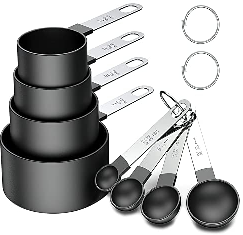 Cucchiai Dosatori, HENGBIRD Set di 8 Misurini e Cucchiai, Misurini in plastica e Cucchiai con manico in acciaio inox, strumento di misura per liquidi e solidi per cucinare cucine (Nero)