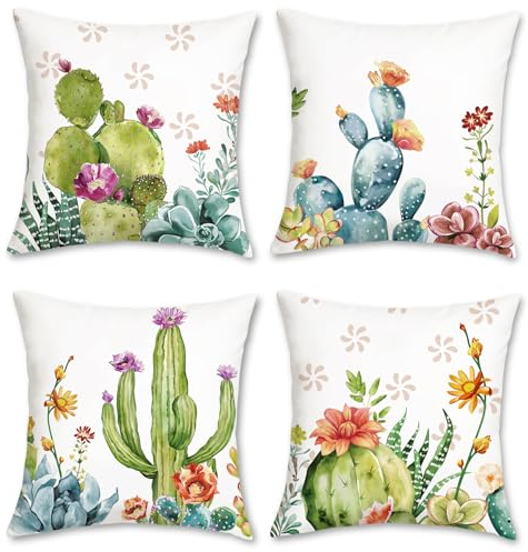 Bonhause 4er Set Kissenbezüge Kaktus Tropische 45 x 45 cm Blumen Blätter Sukkulenten Samt Soft Dekorative Kissenhülle Zierkissenbezüge für Sofa Garten Outdoor Wohnzimmer Zuhause Dekoration