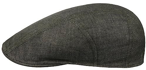Stetson Herringbone Leinen Flatcap Schirmmütze Herren - Leinencap mit UV-Schutz 40 - Herrencap Made in EU - Mütze mit Baumwollfutter - Schiebermütze Frühjahr/Sommer - Flat Cap dunkeloliv 59 cm
