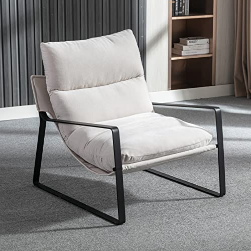 Wahson Fauteuil de Salon Confortable en Chenille, Chaise Relaxant avec Siège Épais, Fauteuil Lounge de Structure Métal, Fauteuil et Chaise pour Salon et Chambre, Beige