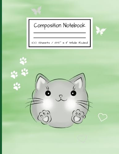 Composition Notebook: Cat Green Theme: 100 Sheets, 8.5 x 11-inch, Wide Ruled
