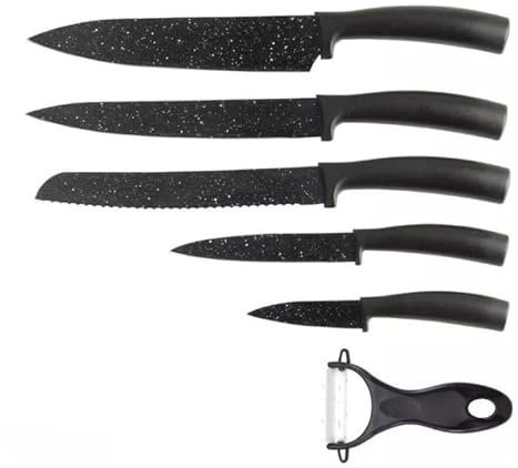 Luckyberg Marmor Messer Set, Kochmesser, Schälmesser, Schneidemesser, Brotmesser, Keramik - Gemüseschäler, Messer aus Edelstahl mit Soft Touch Griffe, 6-Teilig