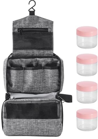 Trousse de Toilette, Trousse de Toilette Homme Voyage, Trousse de Toilette Femme, Imperméable Réutilisables Trousses de Toilette, avec Crochets, 4 Flacon Distributeur, Fermeture Éclair(Grey)