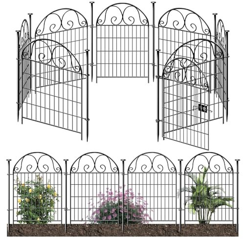 Getlay Tall Garden Animal Barrier with Gate, 40H x 27L 8 Panels Dog Digging Barrier, Black Heavy Duty Metal Temporary Defense Fence for Outdoor Yard. Total 17.5 Ft
