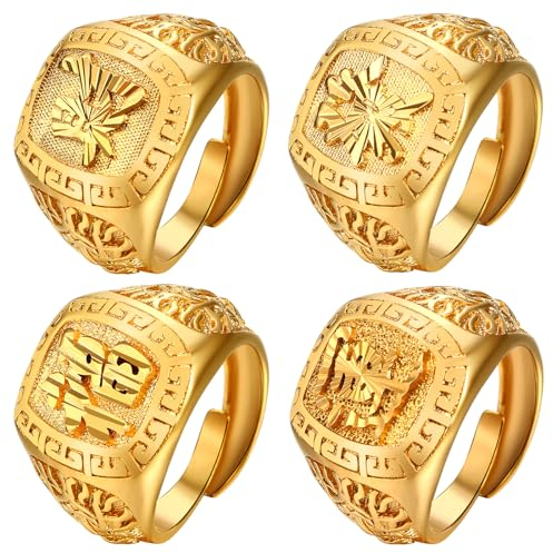OIDEA Herren Offener Ring Gold: 4 Stück Ringe Set Band Siegelring Bandring Vergoldet Wohlstand Reichtum Glück Reich aus Messing Schmuck Geschenk für Männer Vater