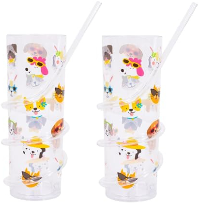 YöL Pack of 2 Kids Reusable Plastic Cups with Spiral Straw Dog Cat Bunny Print Summer Party Picnic BBQ Tumblers Garden