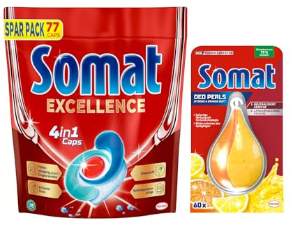 SOMAT 4in1 Caps 77 AW Excellence, schnellauflösende Spülmaschinentabs, für exzellente Reinigung sogar im Eco-Programm + Somat Duo Power Experten Deo Perls 60 AW Zitrone & Orange Duft 17g