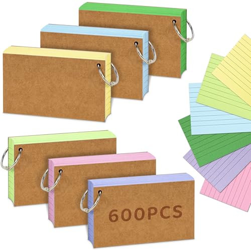 A7 Linierte Karteikarten, 600 PCS Lernkarten mit Ring in der praktischen Lernbox, vokabelkasten Karteikarte für Englisch Vokabeln, Formeln und Notizen