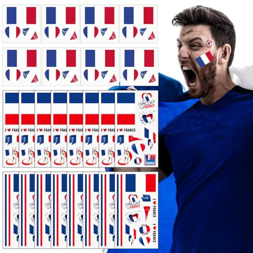 Frankreich Flagge Tattoos Aufkleber, 26 Stück Frankreich Fanartikel Euro Sticker, Wasserdichter Gesichts Temporäre Tattoos Sticker für WM 2024 Party Dekoratione, Olympische Party Deko