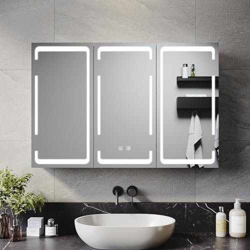 ELEGANT LED Bathroom Mirror Cabinet Triple Door Wall Mounted Bathroom Mirror Cabinet with Shaver Socket Illuminated Mirrored Bathroom Cabinets with Demister and Three-color infinite dimming 600x900mm