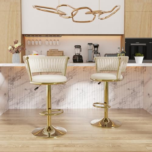 Chleby 2er Set Royal-Stil Barhocker Eleganter Barstuhl aus Samt Höhenverstellbar Thekenhocker Drehbarer Küchenhocker für Küche, Bar, Theke, Hausbar, golden