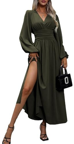 JENJON Femme Robe Col V Elegant Manches Longues Taille Haute Plissée Elastique Maxi Robes Casual Solide Cassique de Manche Lanternes
