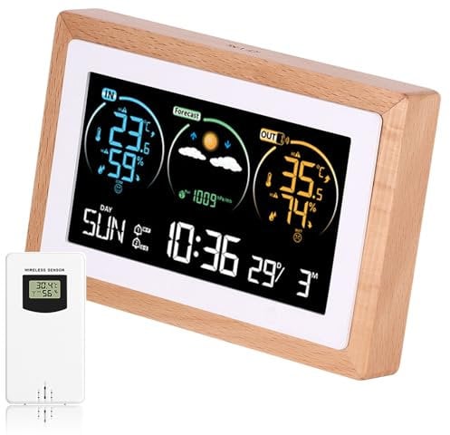 YUNYODA Stazione Meteo con Sensore Esterno, Barometro Digitale LCD Stazione Meteo Senza Fili con Temperatura Interna ed Esterna, Stazione Meteo Digitale con Previsioni Meteo, Barometro e Fase Lunare