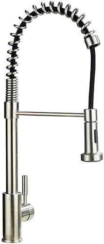 KEYFEOPUT Grifo de Cocina de Acero Inoxidable con trefilado, Tipo Resorte, Cabezal rociador extraíble, Mezclador de Agua fría, Grifo Multifuncional para Fregadero de Cocina, manija única