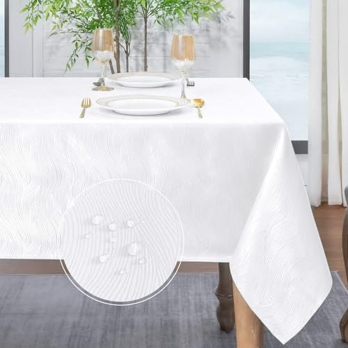 Softalker White Table Cloth Wipe Clean,Jacquard Tablecloths Rectangular 140x180 Water Resistant,Wipeable Table Cloths Dining Table Cover Decorations Indoor Outdoor Garden Spring Summer,55x70 inch