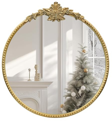 IPOUF Runder goldener Spiegel, 61 cm, Barockstil, Vintage, dekorativer Wandspiegel für Wohnzimmer, Schlafzimmer, Badezimmer und Eingangsbereich, antikes Gold