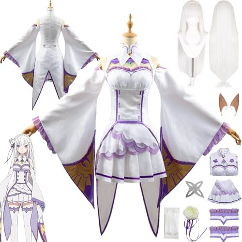 Anime Re Life In A Different World from Zero Cosplay Kostüm Outfit Emilia Uniform Komplettset Halloween Party Karneval Dress Up Anzug mit Perücke Kopfschmuck Fake Ohr für Frauen