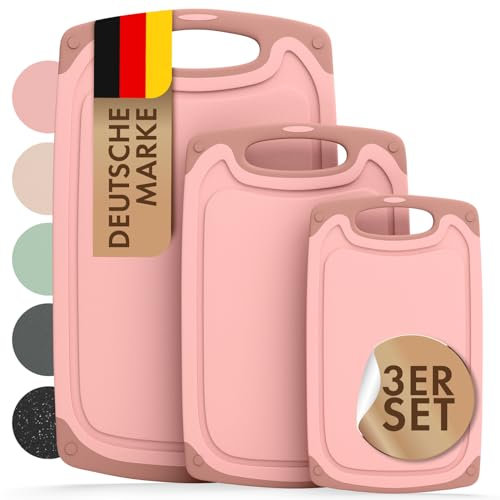 Blumtal Schneidebrett Set mit 3 Größen (S/M/L) - Schneidebrett Kunststoff groß + Saftrillen & Griff - Cutting Board - Schneidbrett BPA frei - Bretter Set Küche - Schneidebretter Set in Tonfarbe