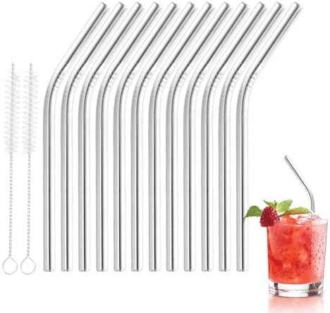 16 Pcs Glass Straws Reusable, 20cm (8mm Diameter) Bent Glass Drinking Straws with 4 Cleaning Brushes, Eco Friendly for Smoothies Milk Coffee Cocktail (12 Pack)