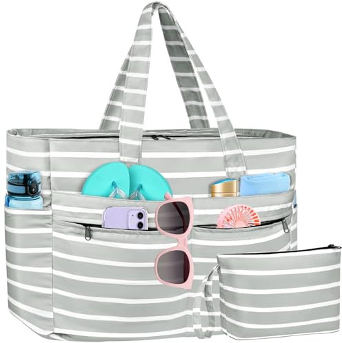 WACCET Strandtasche XXL Familie, Große Wasserdichte Strandtasche Damen mit Reißverschluss, Faltbare Leichte Badetasche Damen mit Mehreren Taschen Beach Bag Tote Bag für Strand, Reisen, Urlaub, Pool.