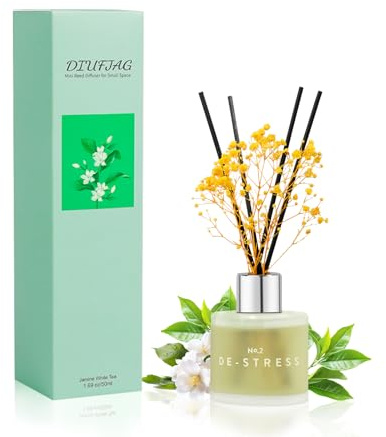 Duftstäbchen Jasmine White Tea Reed Diffuser, 50ml Schilfrohr-Diffusor mit getrockneter Blume für Badezimmer Kleiner Ort, hält bis zu 30 Tage