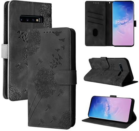 Rostsant Handyhülle für Samsung Galaxy S10 Löwenzahn Schwarz | PU Leder Flip Case Brieftasche Tasche Hülle Magnetisch Handyhülle für Samsung Galaxy S10