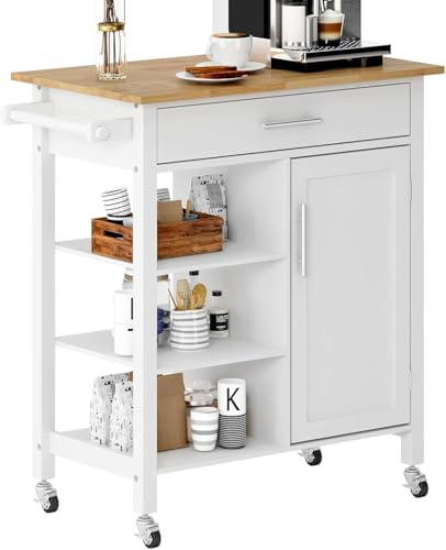 DlandHome Rollwagen mit Regalen, Küche, Möbel, Aufbewahrung mit Rollen, Buffet, Küche, Barwagen, Kücheninsel, große Arbeitsplatte, mit Handtuchhalter, Schubladen & Türen, Weiß