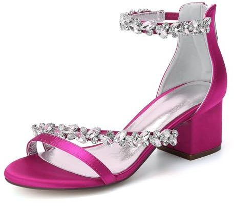 Scarpe da Sposa Sandali con Tacco Largo Basso da Donna Cinturino alla Caviglia in Raso con Strass Punta Aperta Scarpe da Matrimonio 702-31,Rose,41 EU