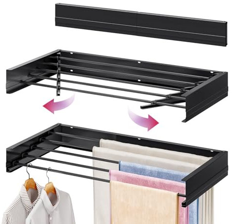 SYKIARIOL Wall Mounted Clothes Rail, Clothes Drying Rack Retractable, 80cm Clothes Airer Wall Mounted for Indoor Outdoor, Space Saving Laundry Drying Rack with 5 rods, Clothes Dryer for Towels, Black