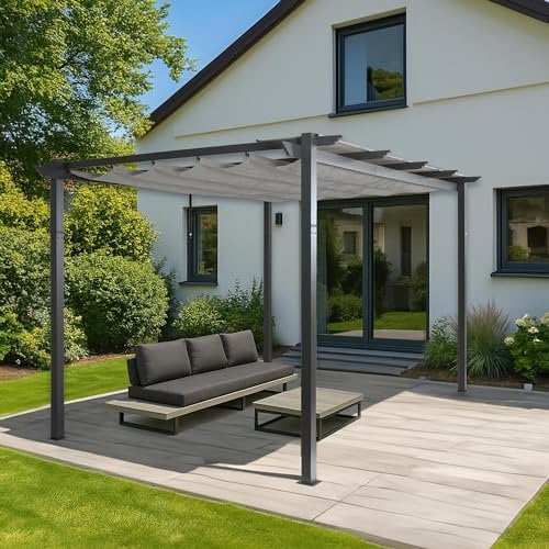 Pergola in alluminio HWC-N93, gazebo da giardino, struttura stabile 8cm tetto scorrevole UV50+ 3x4m - grigio