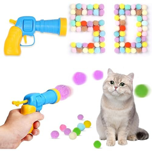 Cat Toy Ball Launcher with 50 Balls - Handheld Manual Cat Ball Shooter, Fun Throwing Toy for Indoor/Outdoor Cats, Interactive Fetch & Exercise Play,12ft Fixed Range, Lightweight Pet Training Toy