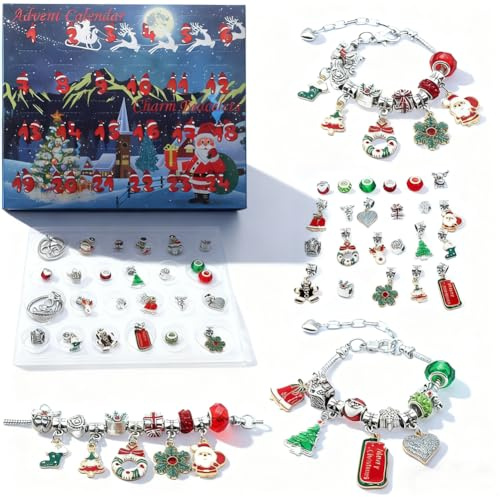 Adventskalender 2025 für Kinder, 24 Tage DIY Adventskalender Niedlich Cartoon Kinder Teens Weihnachten Countdown Armband Ring Halskette Kit mit Charm Anhänger Geburtstagsfeier Überraschung Geschenke