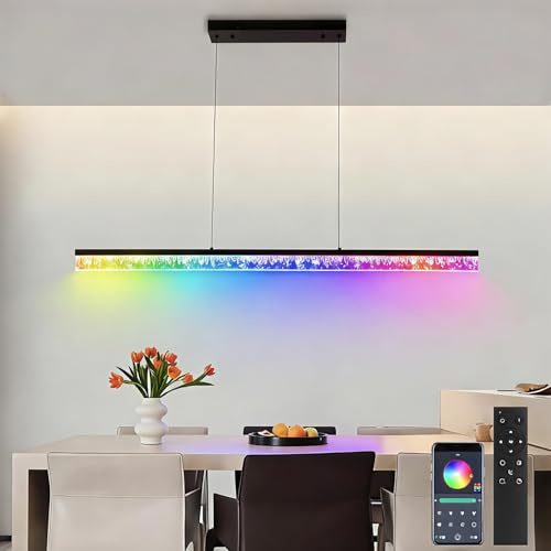 Pendelleuchte RGB Farbwechsel 72W Dimmbar Esszimmerlampe Hängelampe Moderne Linear Pendellampe mit Fernbedienung App, Höhenverstellbar, Kristall Kronleuchter für Esstisch Küche Wohnzimmer Party, 100CM
