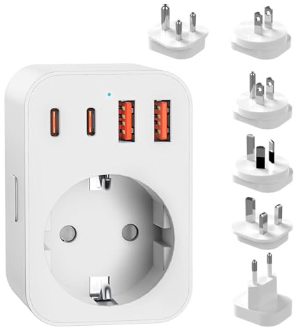 Dhqkqg Reiseadapter Weltweit Set, Internationaler Universal Adapter mit 2 USB-C & 2 USB-A Ports, 6 Abnehmbare Reisestecker Travel Adapter für Südafrika/JAP/AUS/USA/EU/UK