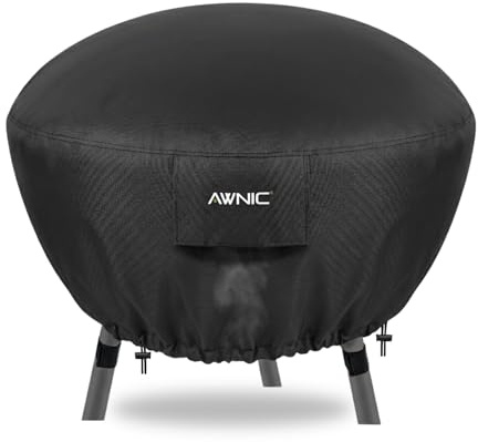AWNIC Round Fire Pit Cover, Waterproof 500D Oxford Fabric with PU Coating, 125GMS Durable Material, Windproof Drawstring and 3 Leg Fasteners, UV Resistant, Fits Most Fire Bowls - Ø85x40cm