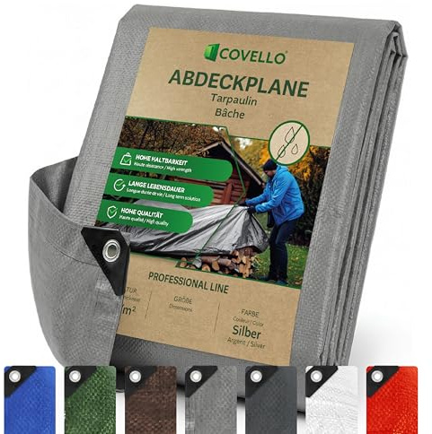 Covello Abdeckplane 3x8m, 180g/m² Plane Wasserdicht Gewebeplane Silber | Plane mit Ösen, Schutzplane, Reißfeste und UV-stabilisiert, Universal Tarpaulin Ideal für Gartenmöbel, Pool, Auto, Holz, Boot