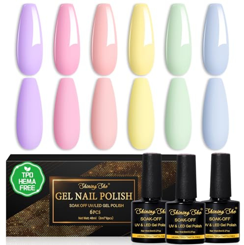 Shining She Gel Nail Polish Pastel, TPO-Free HEMA-Free, 6 Colours Macaron Lavender Pink Peach Pastel Yellow Sage Green Baby Blue Soak-Off UV Nail Polish Spring Summer for Manicure Salon DIY Home, 8ML