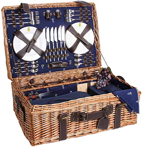 Les Jardins de la Comtesse - Picknickkorb Champs-Elysées aus Weidengeflecht und echtem Leder - Dunkelblau - Für 6 Personen - Komplett Ausgestattet - Teller aus Porzellan/Weingläsern - 66 x 44 x 23 cm