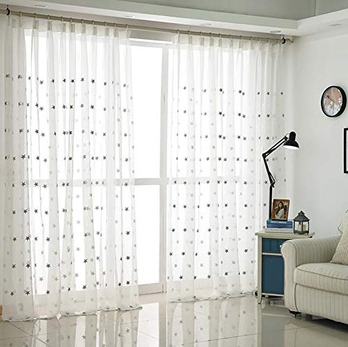 Naturer Vorhang Transparent Kräuselband Grau Sterne 225x140 Lang Weiß Voile Gardinen mit Stickerei Vorhänge Muster 2er Set Fenstervorhang Wohnzimmer Kinderzimmer Dekoschal