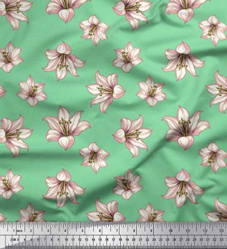 Soimoi Vert Voile de Coton en Tissu Fleurs de lys Floral Tissu Imprime Metre 42 Pouce Large
