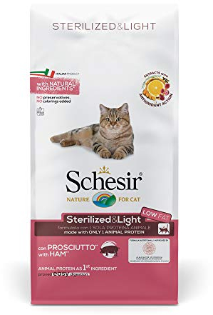 Schesir, Katzenfutter für Erwachsene, sterilisiert, Linie Light mit Schinken, Kroketten - Beutelformat 10 kg