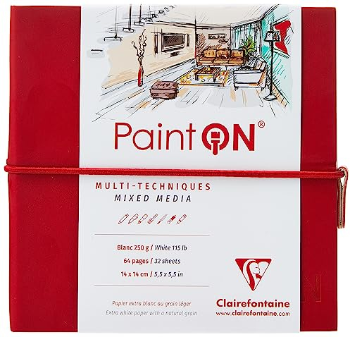 Clairefontaine 975430C - Skizzenbuch mit Fadenbindung, 64 Blatt Zeichenpapier PaintOn weiß, 14x14 cm 250g, Gummizugverschluss, Softcover Rot