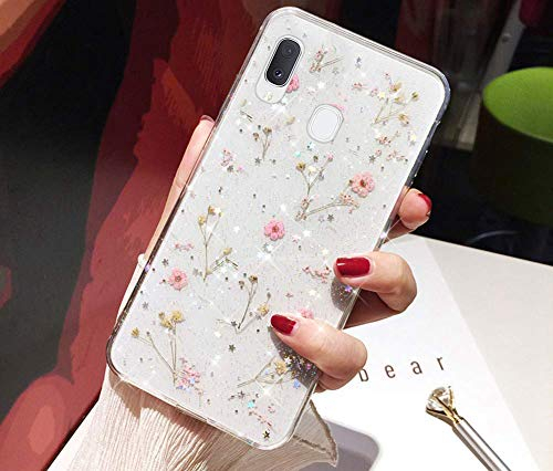 Kompatibel mit Samsung Galaxy A20e Hülle Handyhülle Echt Getrocknete Blumen Glänzend Bling Glitzer TPU Silikon Hülle Durchsichtig Schutzhülle Schutz Handy Hülle Case Tasche für Galaxy A20e, Rosa