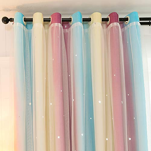 Michorinee Vorhang Kinderzimmer Farbverlauf Hohle Sterne Verdunkelungsvorhang Blickdicht Gardine Regenbogen Kräuselband Ösenschal Voile Blau Violett für Mädchenzimmer, 1 Stücke 158 × 132cm (H × B)