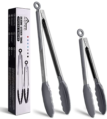HOTEC Pinces de cuisine, pince spaghetti, pinces de barbecue en acier inoxydable silicone de haute qualité, système de verrouillage intelligent, lot de 2 à 23 cm et 30,5 cm, gris clair